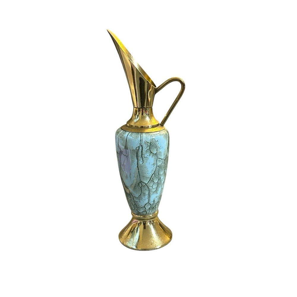 Vtg MCM Delft Holland Aqua Blue Gold Brass Hand Painted Pottery Pitcher